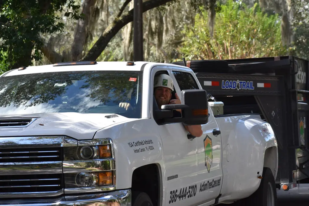 Eli, who leads Action Tree Care, smiling from the company pickup with the logo and phone number on the door