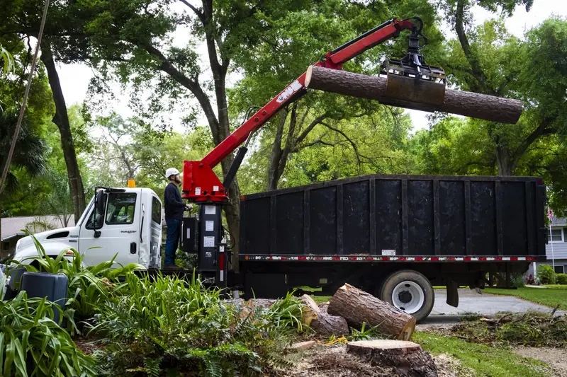 Action Tree Care grapple truck lifting a cut log into its dump body on a residential street